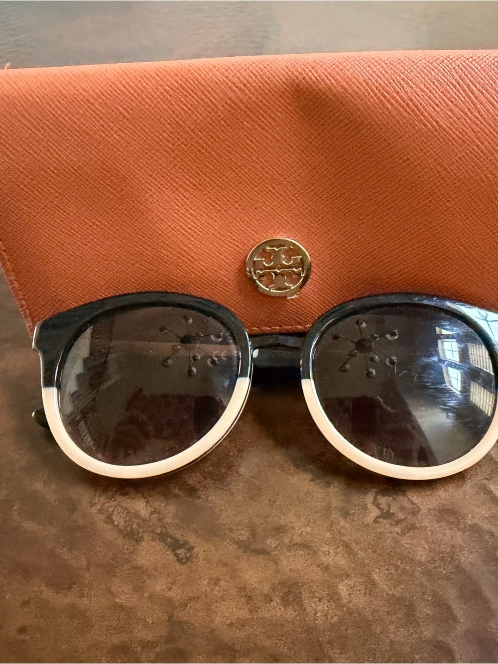 Tory Burch Black and White Round Sunglasses with Orange Case